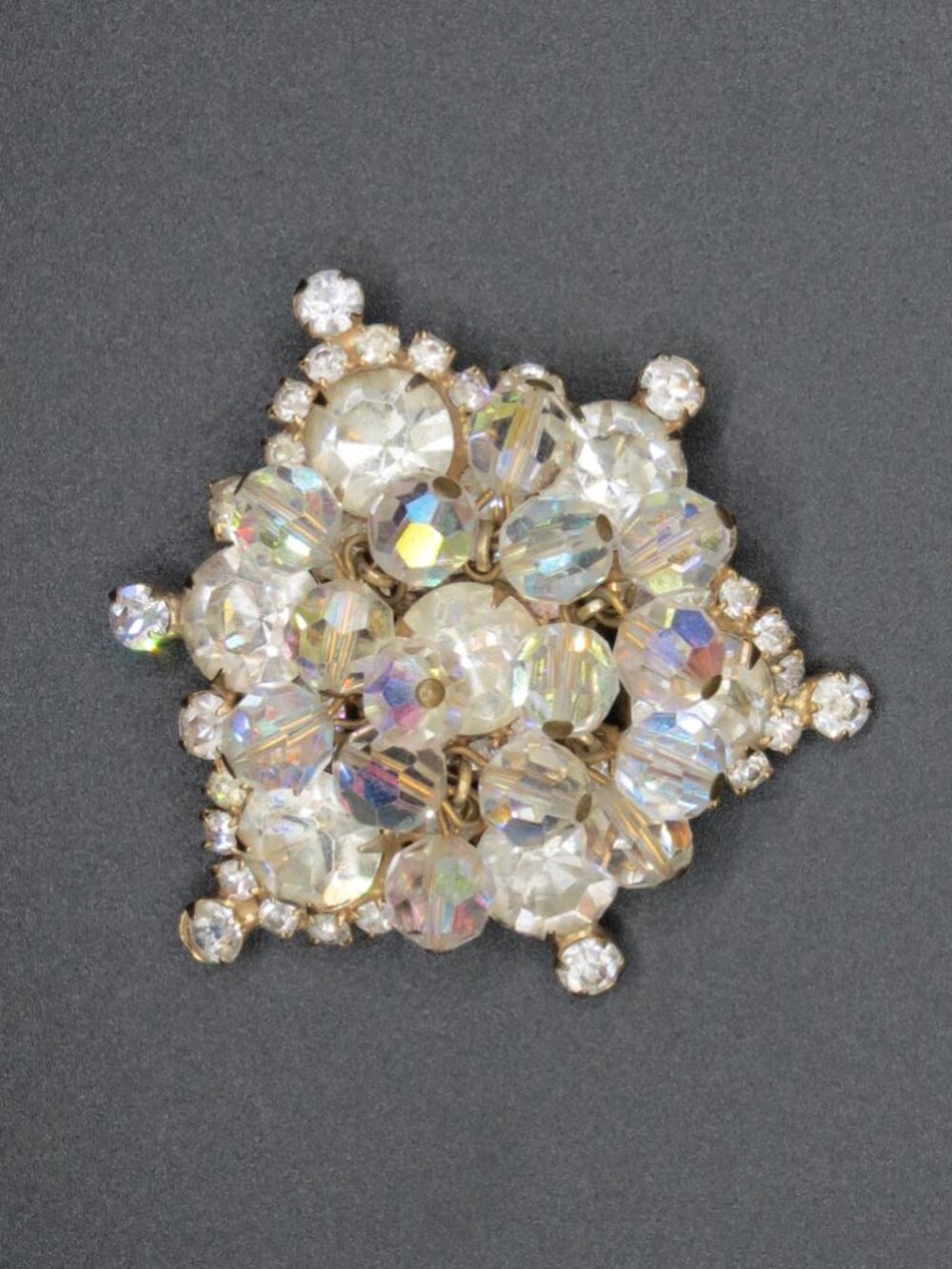VTG AB Crystal Bead Rhinestone Brooch Pin Gold Tone Starburst Cluster Dome 2"